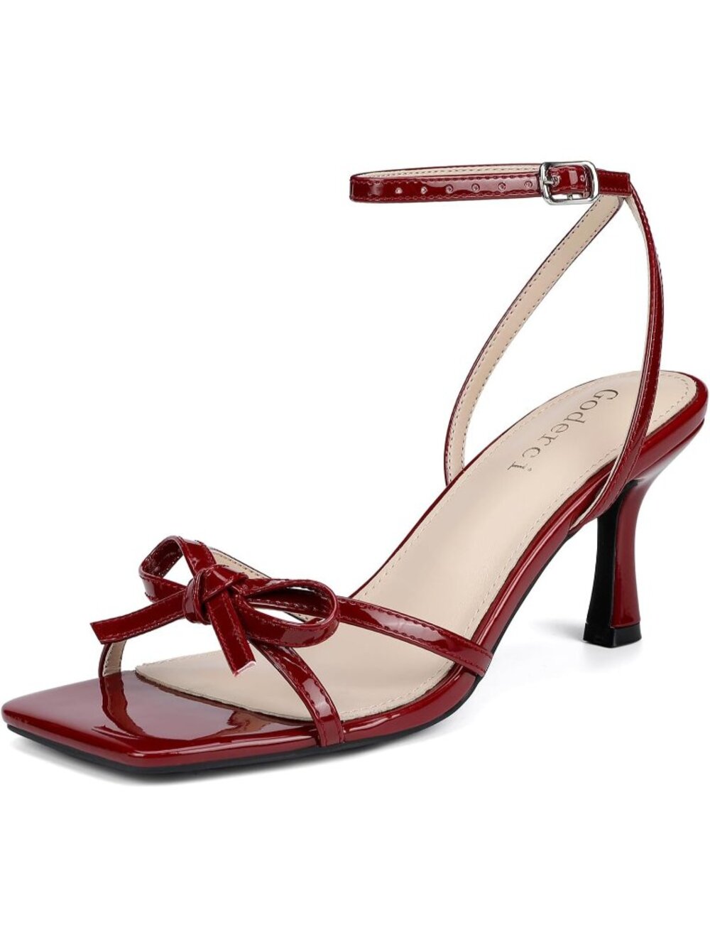 Women's Burgundy Kitten Heel with Bow Strappy Square Open Toe Mid Heeled Sandals
